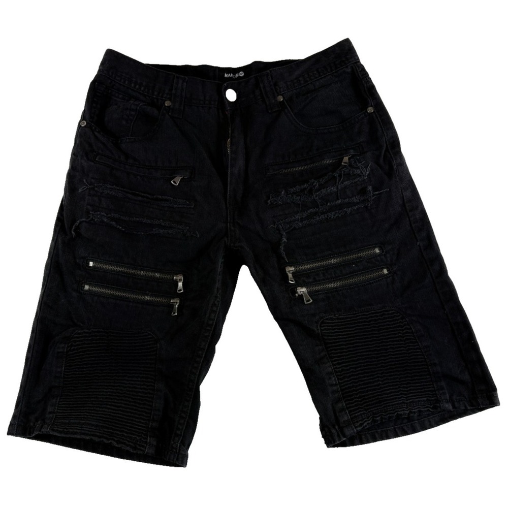 Makobi M970 Galveston Biker Shorts Mens 32 Black Denim Ripped Shredded Racing